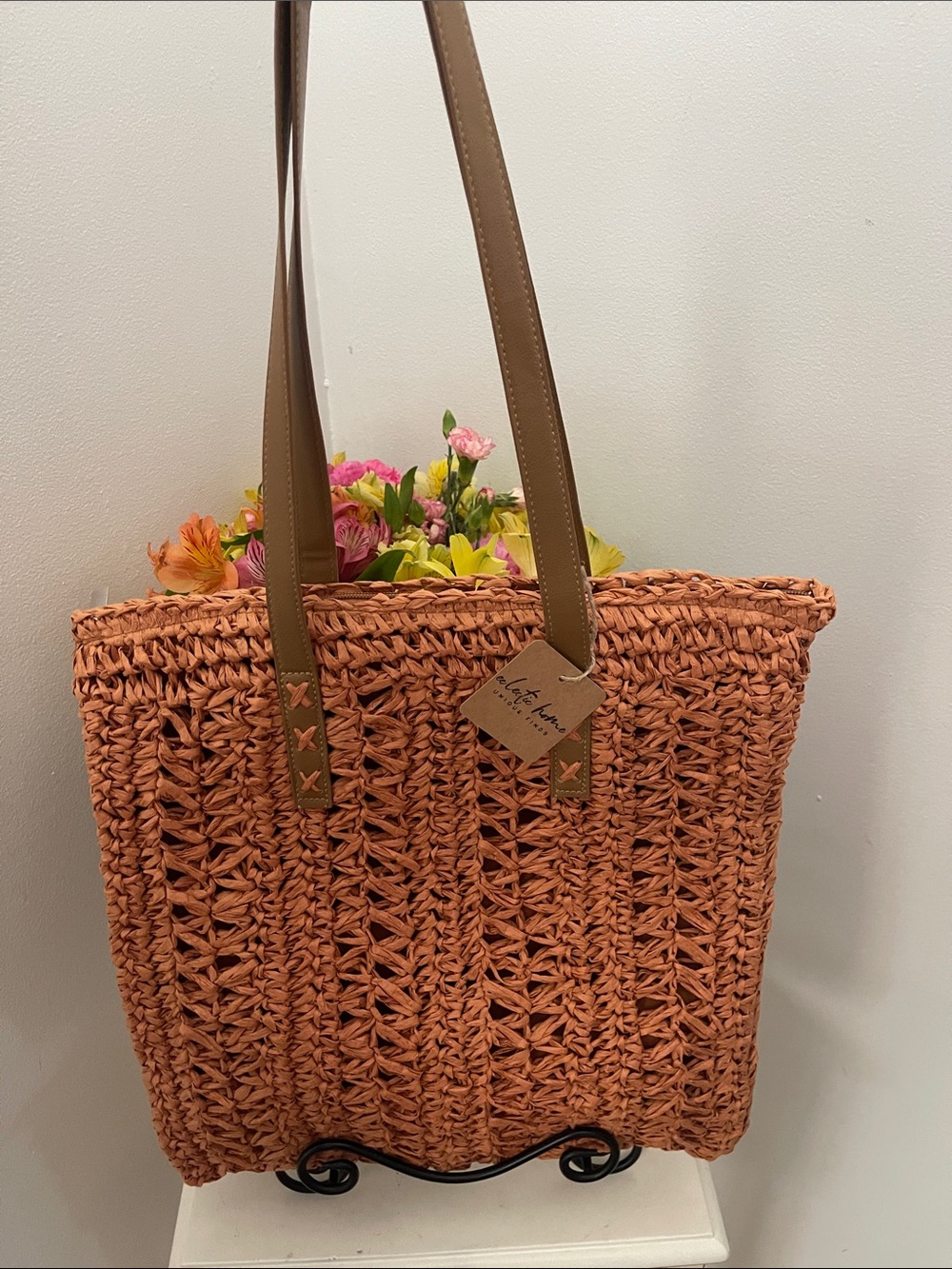 Woven Orange Straw Tote Bag with Brown Faux Leather Straps